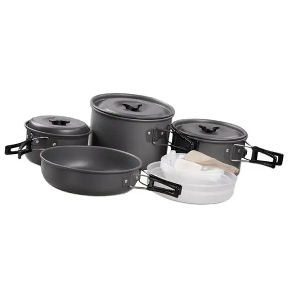 14 Pieces Outdoor Camping Hard Alumina Cookware Mess Kit  Utensils PP Dishes Bowls Spoon for 5 Person