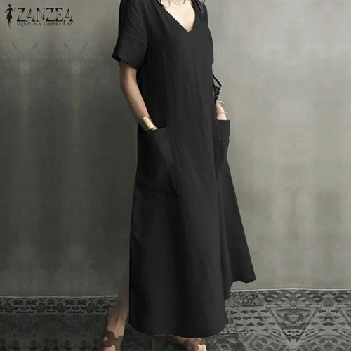 ZANZEA 2022 여성 긴 맥시 여름 드레스 캐주얼 코튼 린넨 숙녀 빅 포켓 비치 파티 가운 Femme Vestidos 3