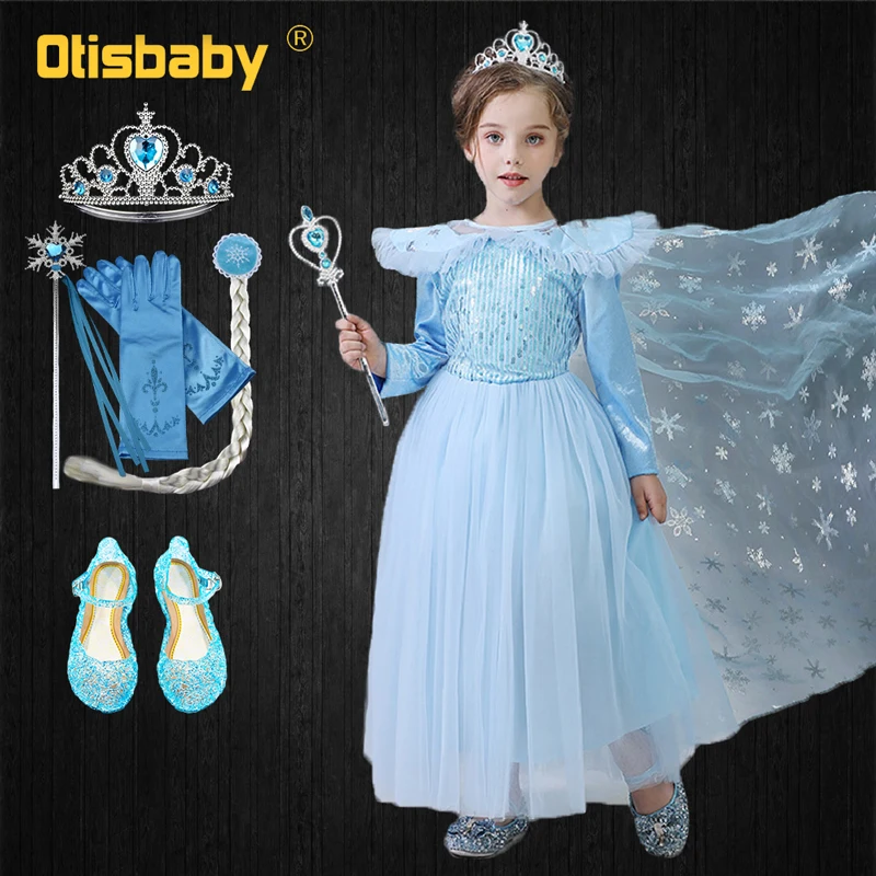 Dress Set D Новогоднее зимнее платье Эльзы из тюля с длинными рукавами и пайетками костюм принцессы с длинными рукавами, платье снежной мантия королевы, детское платье для дня рождения, выпускного вечера - Цвет: Dress Set D