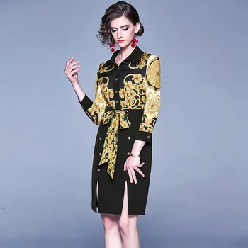 

2020 new dress New fashion lapel long sleeve retro dress with lace and slit