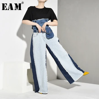 

[EAM] Wide Leg Contrast Color Big Size Long Jeans New High Waist Loose Women Trousers Fashion Tide Spring Autumn 2020 JR8410