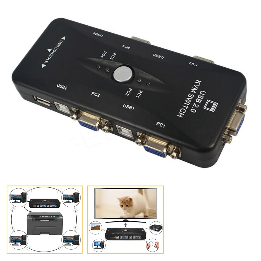 

4 port kvm switch USB 2.0 VGA Switch Box Adapter Splitter Printer Mouse Keyboard Pendrive Share Switcher 1920*1440 VGA