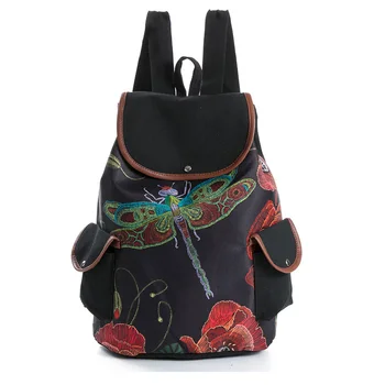 

2020 Female Fashion Dragonfly Print Canvas Backpacks Women Drawstring Design Travel Rucksack Girls Black Shoulder Schoolbag