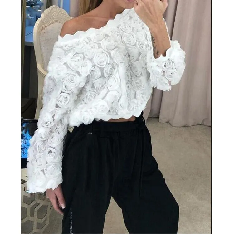 

2019 Women Sexy Lace Blouse Casual Ladies Loose Lovely Girls Floral Mesh Blouse Sweet Short Party Tops Female
