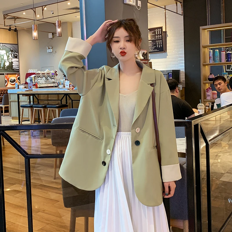 

2020 Spring New Women Casual Blazer Notched Pockets Full Sleeve Single Breasted Female Loose Coat Fashion Top Woman Clothes D632
