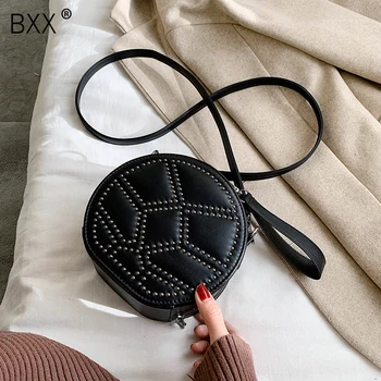 

[BXX] Rivets Designer PU Leather Crossbody Bag For Women 2020 All-match Flap Shoulder Messenger Bag Female Travel Handbags HK011