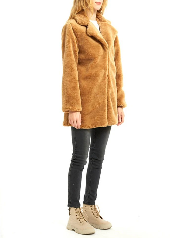 B Fur Coat Women Winter Fashion Casual All-match Solid Faux Fur Lapel Collar Plus Size Loose Long Sleeves Coat Female Jacket