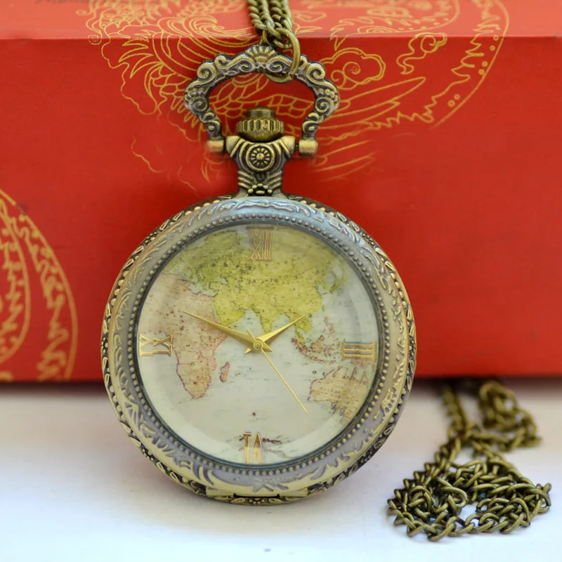 

Large Size Quartz Pocket Watch Innovation Design Transparent Glass Retro Map Surface Pocket Watch 9015