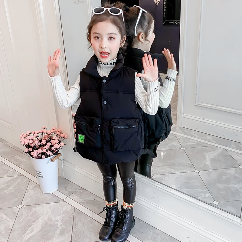Chaqueta tipo chaleco para niñas, abrigo grueso con bolsillos grandes, chaleco acolchado de algodón informal para niños, cálido, sin mangas, chaquetas, de 4 a 12 años|Chalecos| - AliExpress