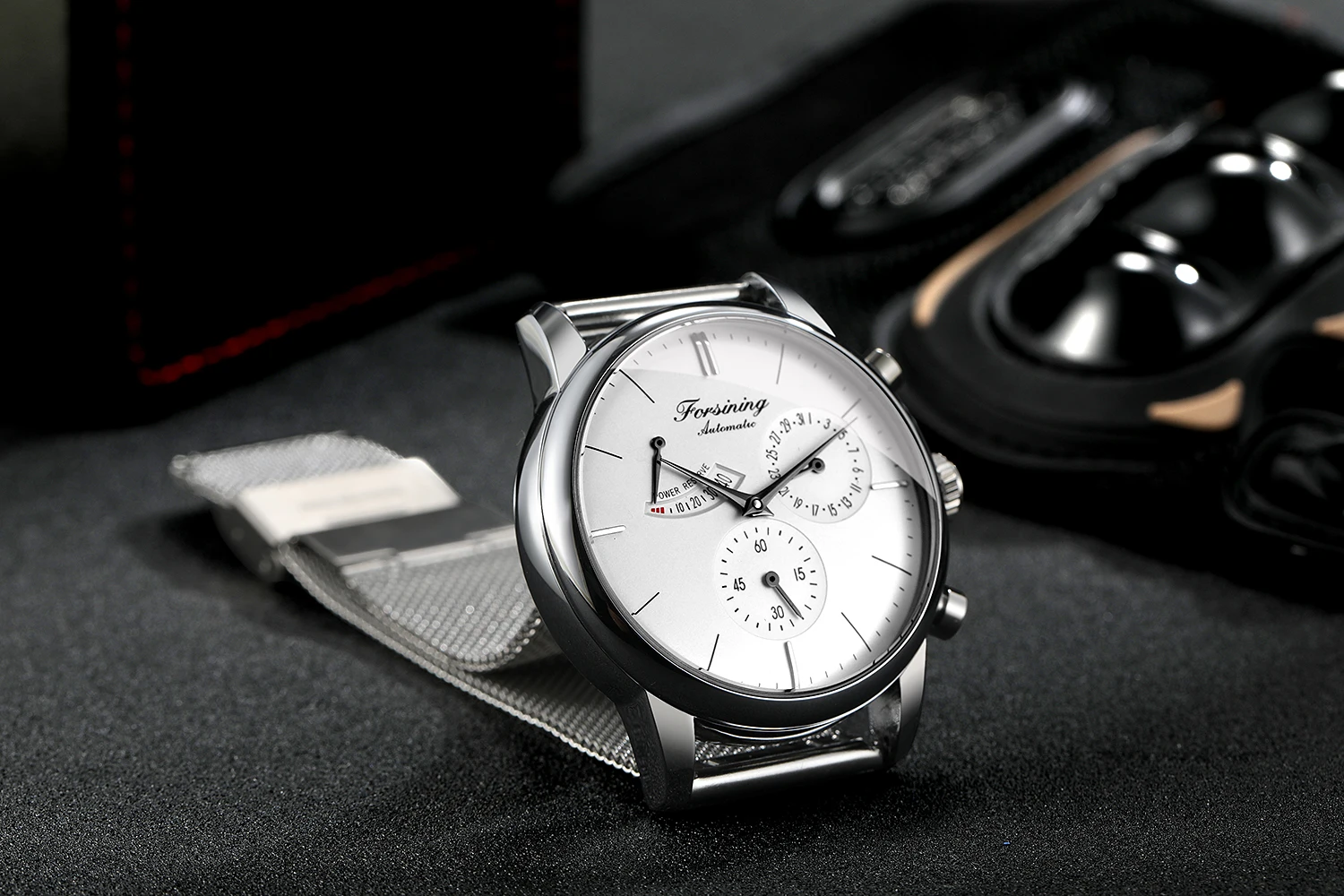 Forsining Power Reserve Design Automatic Mechanical Watch White Dial Mesh Belt Waterproof Luminous Hand Date Clock Box