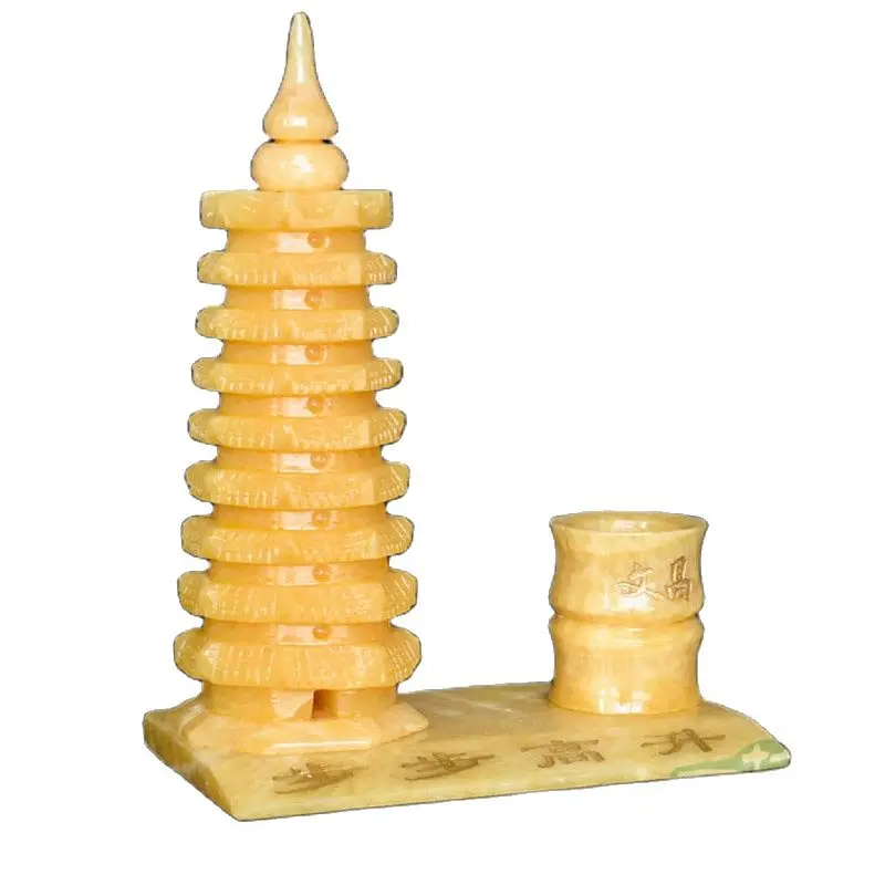 

China Handmade Natural Topaz Jade Ornaments Wenchang Tower Pen Holder Feng Shui Ornaments Gifts