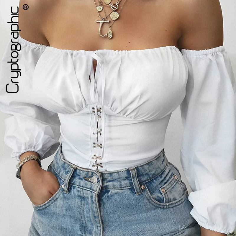Skup Kryptograficzne body wiązane bluzki damskie Off Shoulder White Sexy Backless bufiaste rękawy haczyki koszule jesienne modne body