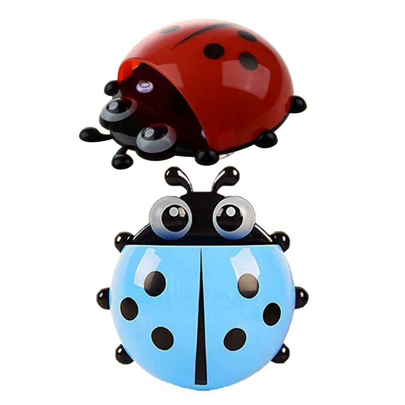 2 Pcs Convenient Bathroom Toothbrush Stuff Ladybug Wall Suction Holder, Blue& Red