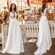 

Wedding Dress Boho Chiffon V-Neck Long Party Simple Dresses Lace Chiffon Long Dress White Backless Sundress Robe De Mariee