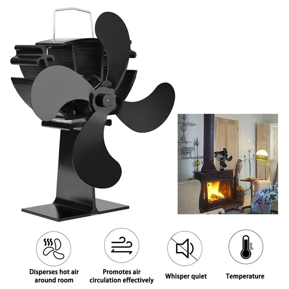 Fireplace Wood Burner with 4-blade Fan Hot Black Eco Ultra-quiet Blower without Battery or Power with Temperature Display