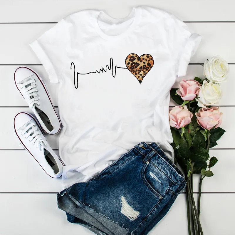 Camiseta Estampada de Manga Corta para Mujer, Ropa con Gráfico de Latido de Corazón, Estilo Leopardo, Harajuku, los 90, Novedad para el Verano, Envío Directo 2