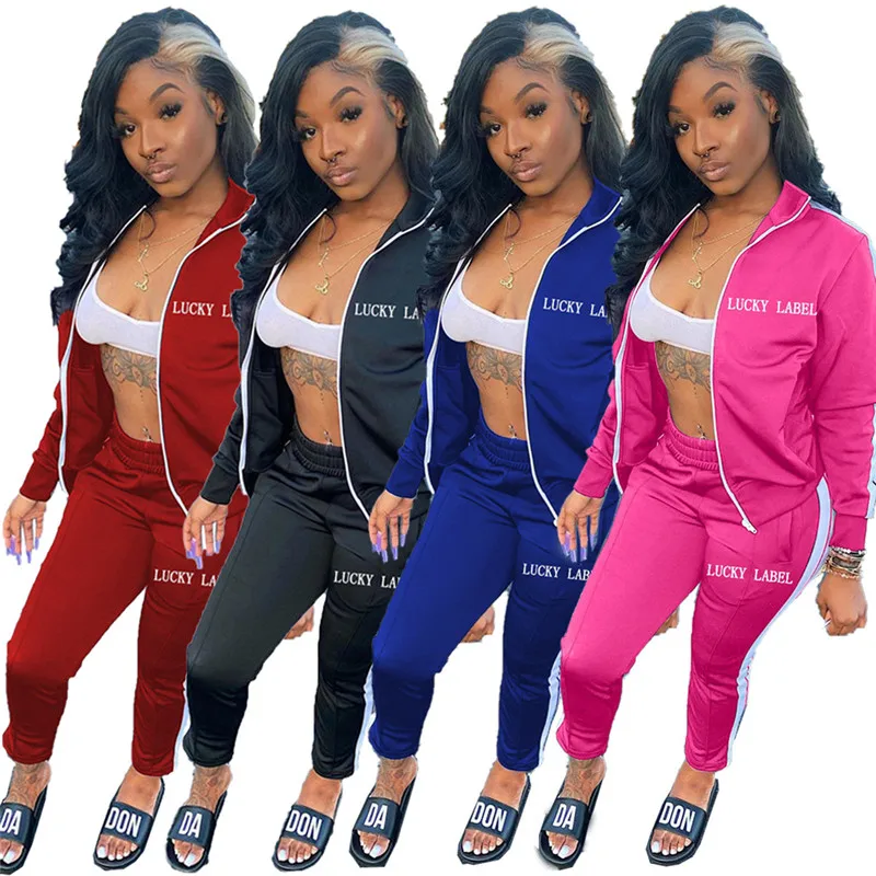 Lucky Label 2 Piece Outfits Women Sweatsuit Striped Sets Zip Top Leggings Sweatpants Jogger Fall Clothes  Wholesale Dropshipping