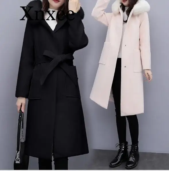 

Casual Long Wool Blend Ladies Coat Winter Black Warm Women's Jacket with Fur Hood Korean Womens Fashion Coat