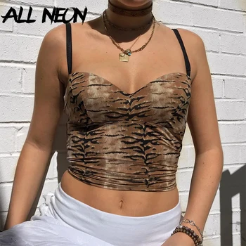 

ALLNeon Y2K Fashion Spaghetti Strap Leopard Cropped Tops E-girl 90s Backless Animal Print Skinny Cami Tops Vintage Sleeveless