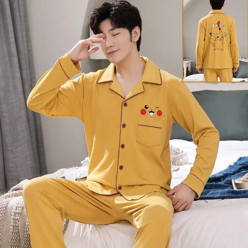 Casual Men Cartoon Sleepwear Long Sleeve Cotton Pajamas Sleep Set Plus SIze 3XL Homewear Spring New Male Pyjamas Pijamas Suit men's silk pajamas Men's Sleep & Lounge