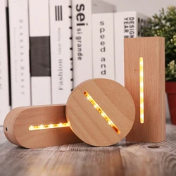Oval Wooden Base Led Table Lamp With USB Switch Modern Night Light Acrylic 3D Led Night Lamp Holder Assembled Base Wholesale