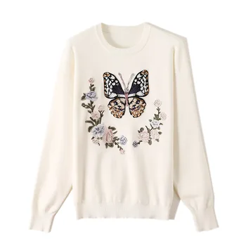 

Floral Butterfly Embroidery Sweater Women's Knitted Pullover Tops Spring Fall Long Sleeve Casual Sweaters Outerwear TA7164