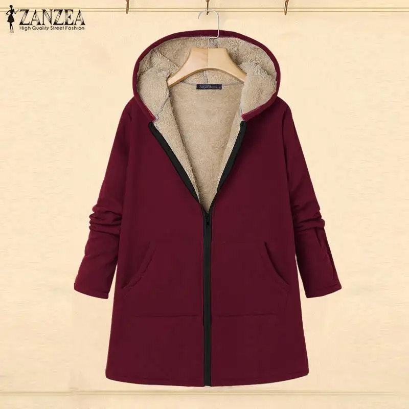 ZANZEA, женские пальто, куртки, осень, Повседневная теплая верхняя одежда, зимняя, Chaqueta Mujer, флисовые меховые куртки с капюшоном и карманами, пальто 7