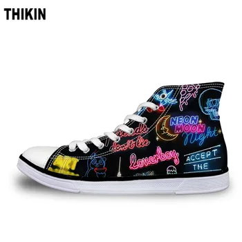 

ThiKin Cool Colorful Neon Lights Doodle Print Canvas Shoes Women Lace Up Custom High Top Breathable Ladies Vulcanize Shoes