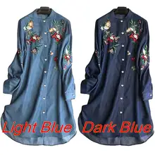 Элегантное платье-рубашка с вышивкой женская джинсовая синяя блузка ZANZEA винтажные Блузы с длинными рукавами женская Металлическая Кнопка Туника оверсайз