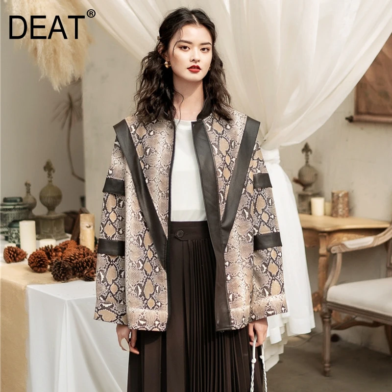 

[DEAT] 2019 New Autumn Winter Stand Collar Long Sleeve Personality Spliced Pattern Hit Color Jacket Women Coat Fashion 13D206