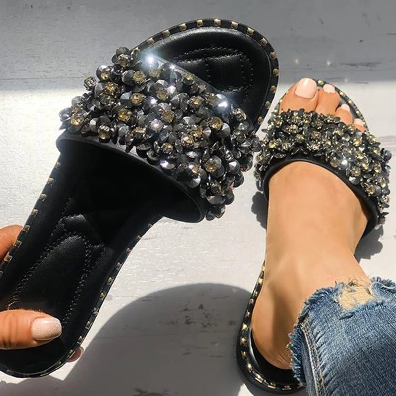 Summer Women Flat Slippers Casual Female Crystal Rivets Slides Bling Shoes Woman Girls Fashion Leisure Footwear 2020 | Обувь