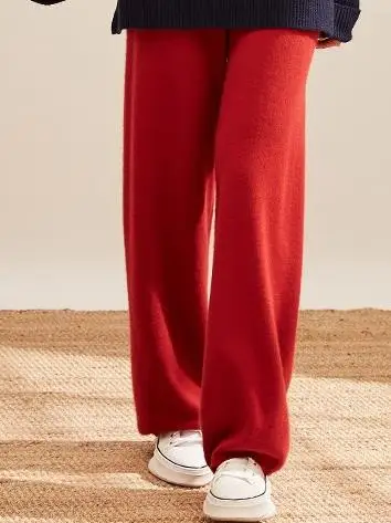 red pure goat cashmere knit women fashion wide leg pants full length trousers S-XL retail wholesale customize - Цвет: red