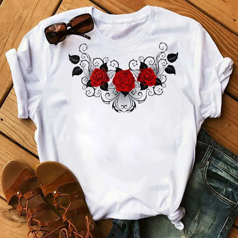 RedRosePrintedTShirtWomenFashionNewTShirtFemaleCuteGraphic