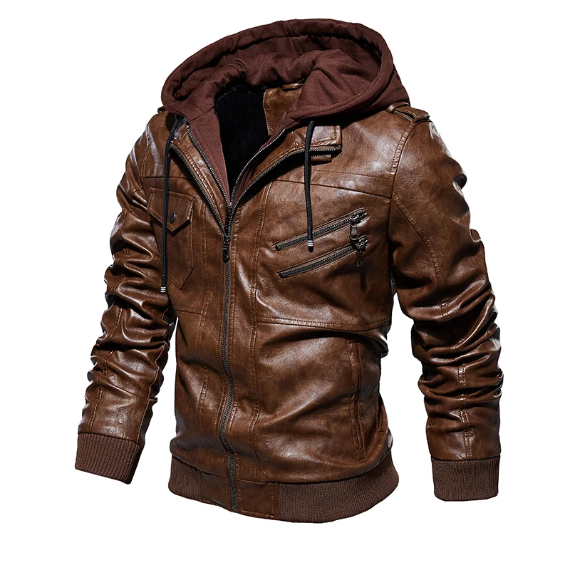Куртка из искусственной кожи мужская зимняя верхняя одежда мужская куртка из ПУ уличная куртка с капюшоном приталенная мотоциклетная куртка Мужская ветрозащитная теплая верхняя одежда
