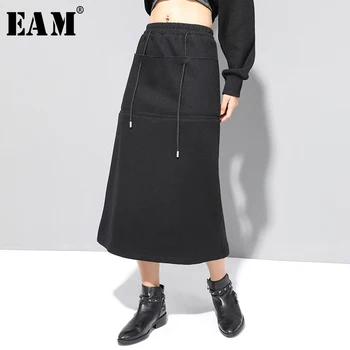 

[EAM] High Elastic Waist Black Drawstring Long Woolen Straight Half-body Skirt Women Fashion Tide New Spring Autumn 2020 1U148