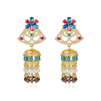 

LUALA Classic Gold Color Indian Style Big Dangle Drop Earrings for Bridals Wedding Inlaid Colorful CZ Flower Fashion Jewelry