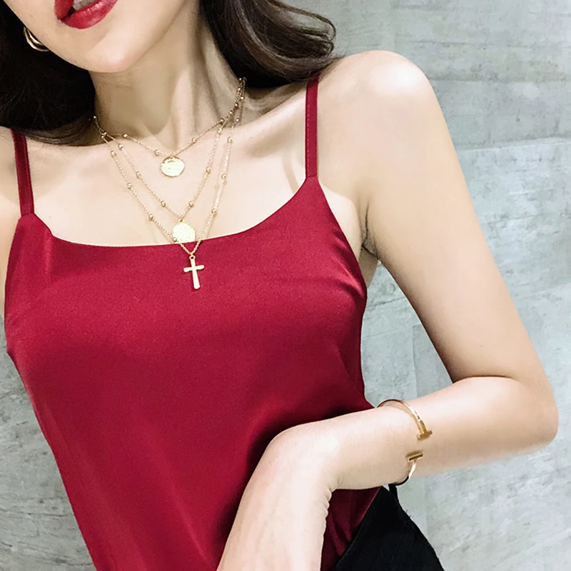 

AOSSVIAO Silk Halter Top Women Cami Satin Sleeveless Spaghetti Strap Top Casual Tank Tops Women Summer Camisoles Streetwear 2020