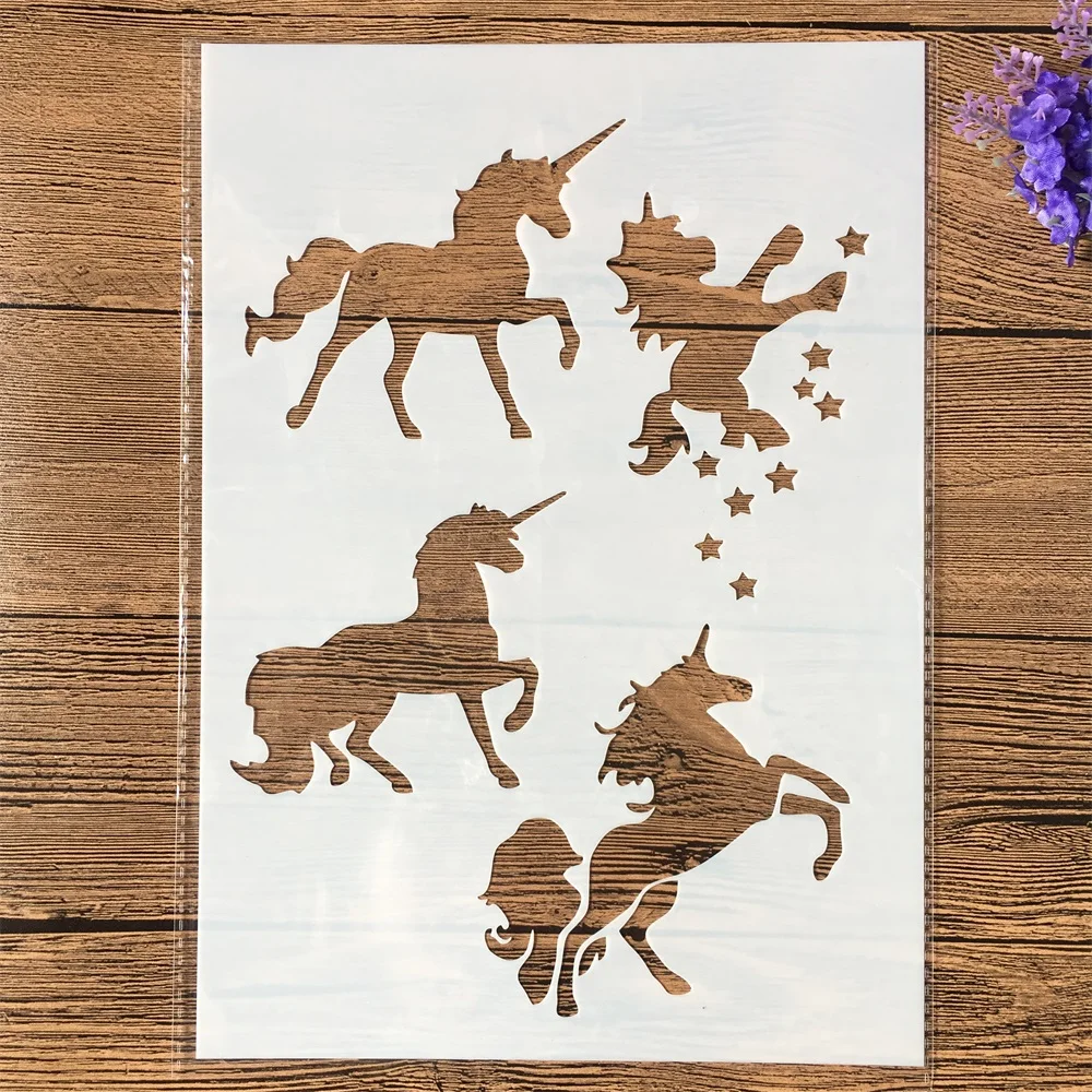 1Pcs A4 Four Unicorn DIY Layering Stencils Wall Painting Scrapbook Coloring Embossing Album Decorative Template