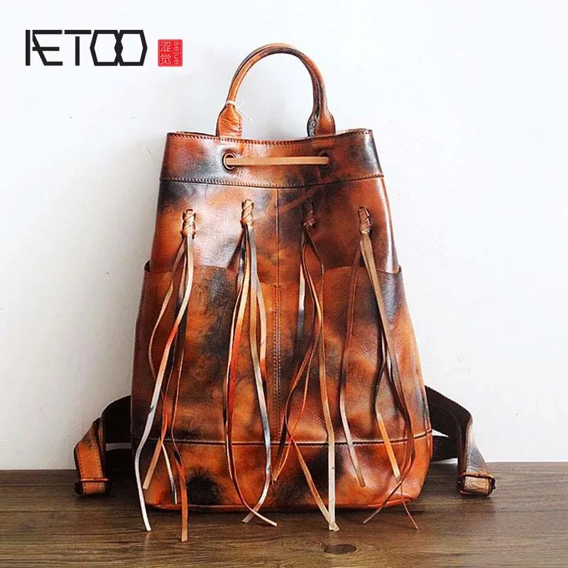 

BJYL 2018 new hand-brushed female bag top layer leather backpack backpack retro genuine leather bag cowhide bag
