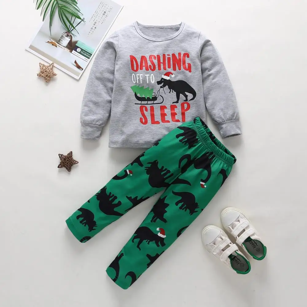 Рождественский пижамный комплект для маленьких мальчиков, детская одежда с динозаврами, вязаные длинные пижамы, наряды Санты, Детский костюм, серый костюм - Цвет: 2pcs gray