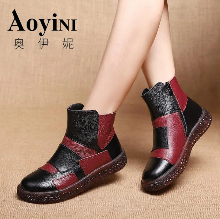 

2019 Women Boots with Fur Winter Leather Handmade Boots Flat Shoes Mulitcolor Genuine Leather Boots for Women