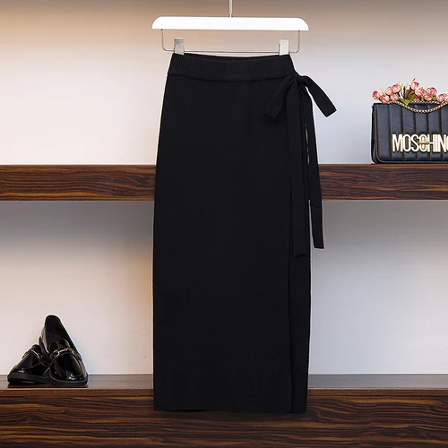Fp3530, новинка, Осень-зима, женская модная повседневная сексуальная юбка, kawaii, плюс размер, юбка большого размера, вязаная, шерстяная, тёплая, harajuku - Цвет: Черный
