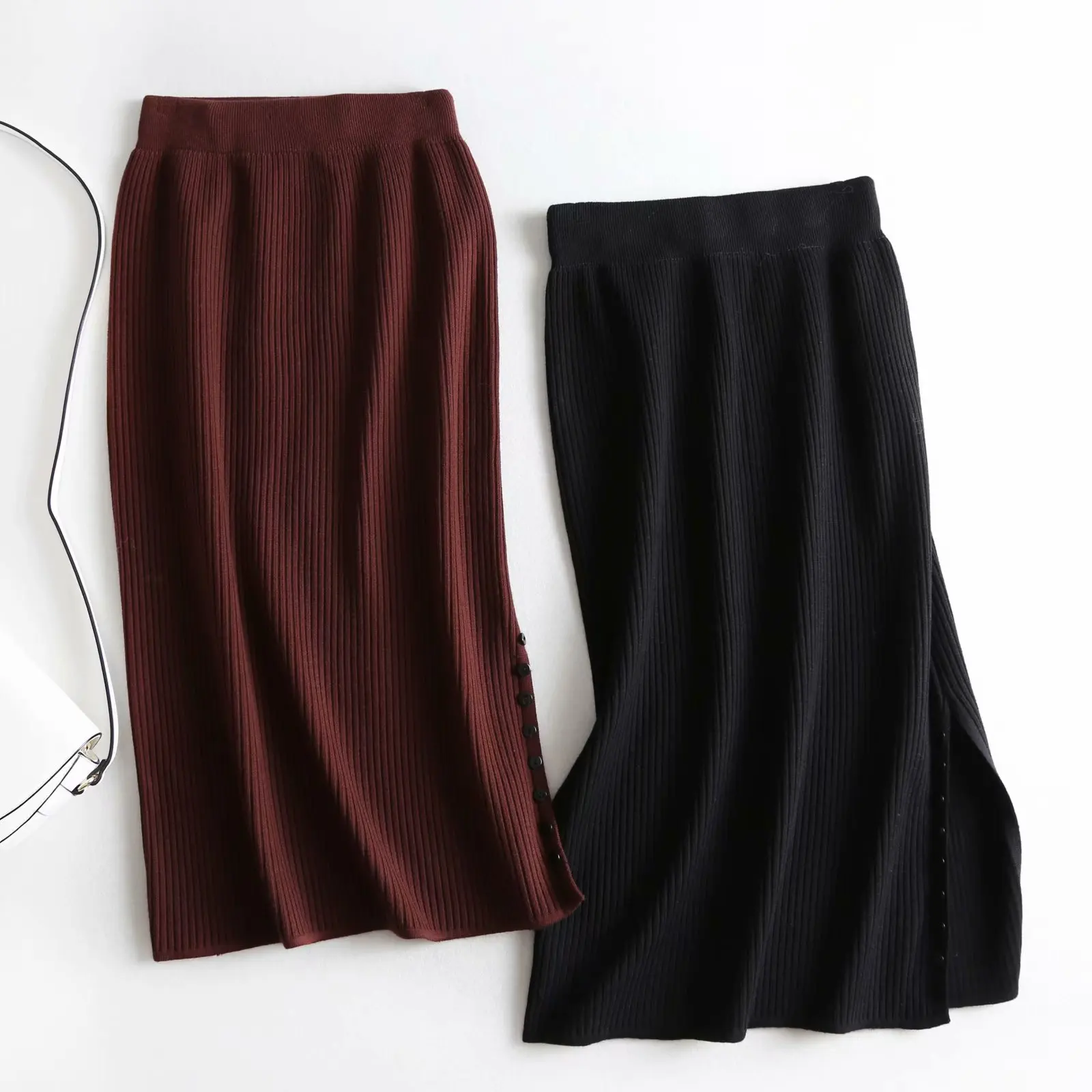 

Knitted Skirt Women's Autumn And Winter Korean-style High-waisted Retro Slit Button Mid-length One-step Skirt Package Arm Skirt