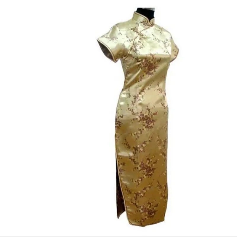 Qipao длинные платья с коротким рукавом сексуальное платье Черный Дракон и Феникс китайское традиционное платье женское атласное Чонсам Qipao большой размер - Цвет: Champagne B