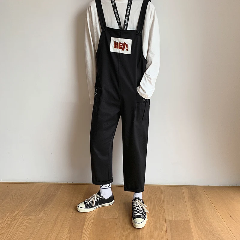 2020 New Fashion Men's Bib Overalls Loose Pant Solid Color Casual Korean Style Man Black Khaki Jumpsuits Rompers Ankle-Length