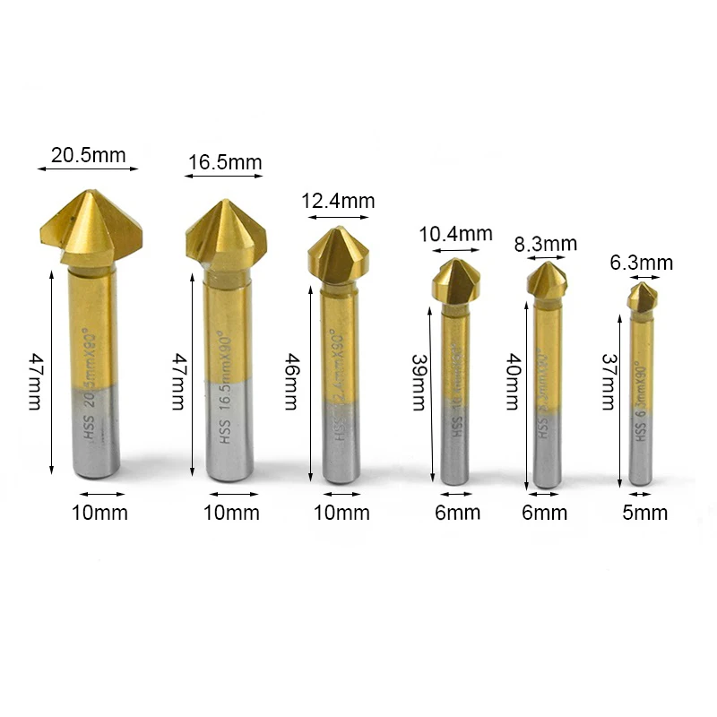 6 шт. титановое покрытие 90 градусов фаска Зенковка сверло 3 флейты полная шлифовка фаски HSS 6,3-20,5 мм фаска сверло