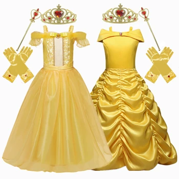 

Golden Belle Princess Dress Cosplay Girls Elsa Dress Crown Magic Stick Party Kids Dress For Girls Clothing Birthday Ball Gown