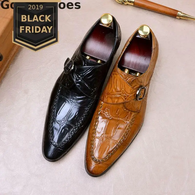 Luxury Shoes Men Black Brown Genuine Leather Crocodile Printed Single Buckle Strap Men Monk Shoes Pointed Dress Formal Men Shoes