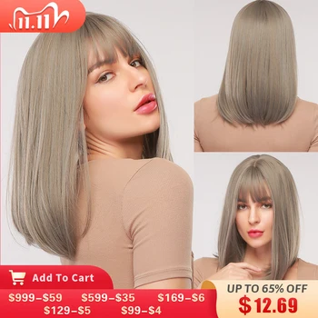 

EASIHAIR Ombre Light Brown Ash Women's Wig Medium Long Bobo Wig with Bangs Cosplay Lolita Heat Resistant Synthetic Wig for Women