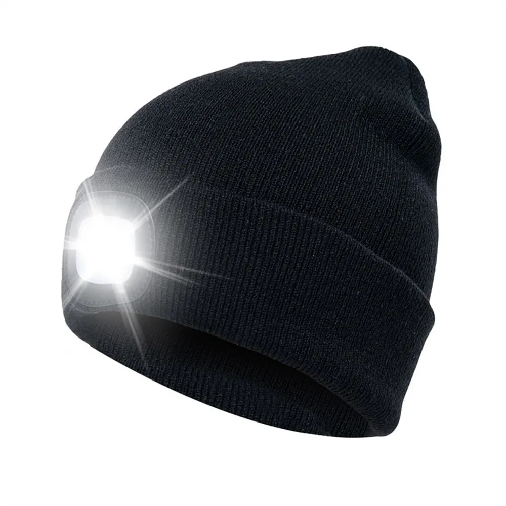 USB Rechargeable LED Knit Hat Headlights Light-up Beanie Warm Cap Gifts Mini Portable Knitted Hat Headlamp Night Fishing